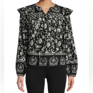 Time and Tru Top Womens Medium M‎ Black White Long Sleeves Relaxed Fit NWT